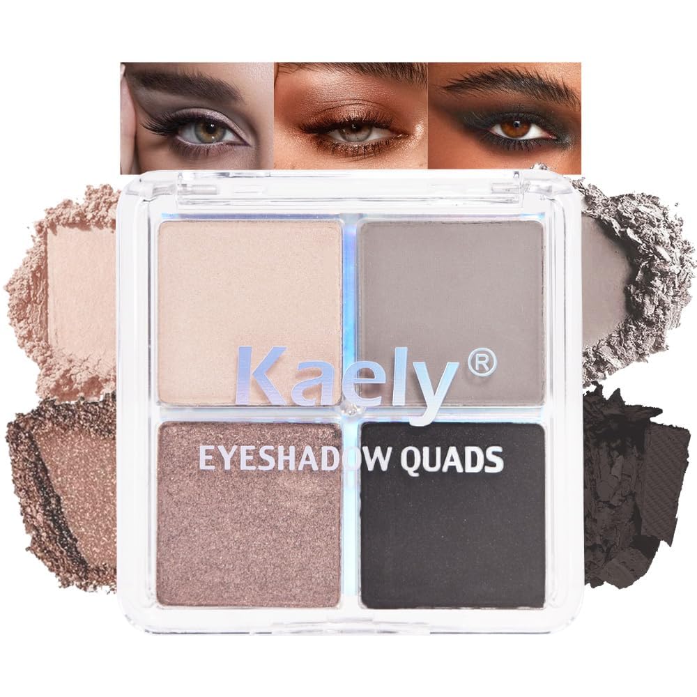 4 Colors Light Beige Gray Brown Black Eye Shadow Powder Palette Makeup, Neutral Matte Shimmer Cream Quads Eyeshadow Palette for Women Highly Pigmented Waterproof, paleta de sombras de ojos, Vegan, 07