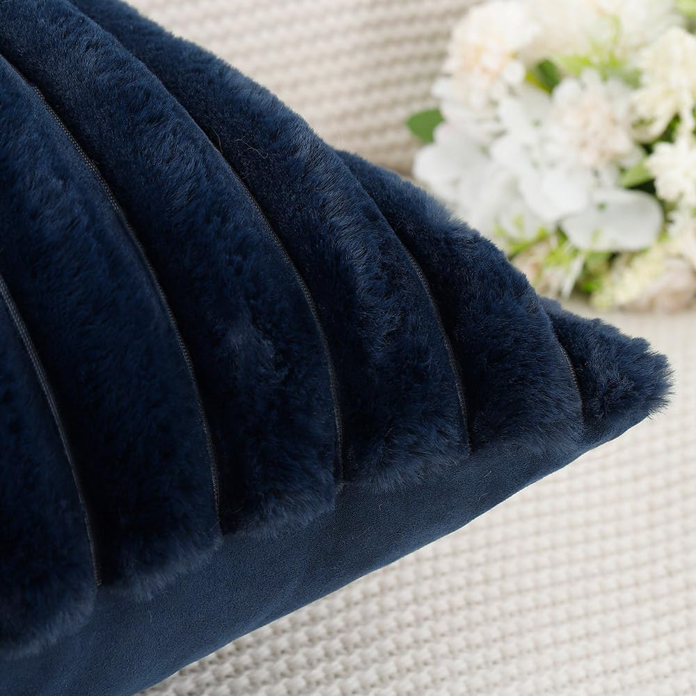 MADIZZ Set of 2 Faux Wool Plush Decorative Throw Pillow Covers 26x26 Inch Dark Blue Fluffy Striped Soft Decorative Cushion Cover for Sofa Bedroom Pillow Shell