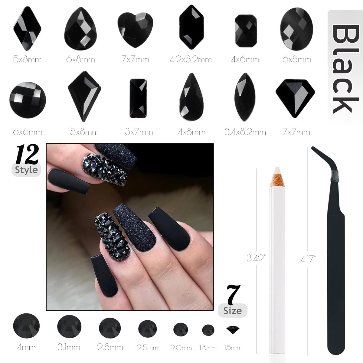 4080Pcs Black Nail Rhinestones Crystal Flatback Jet Black Rhinestones Round Beads Glass Gems Stones Nail Art Gems Diamonds jewels Multi Shapes Sizes Nail Charms for Nails Eyes Makeup DIY Crafts