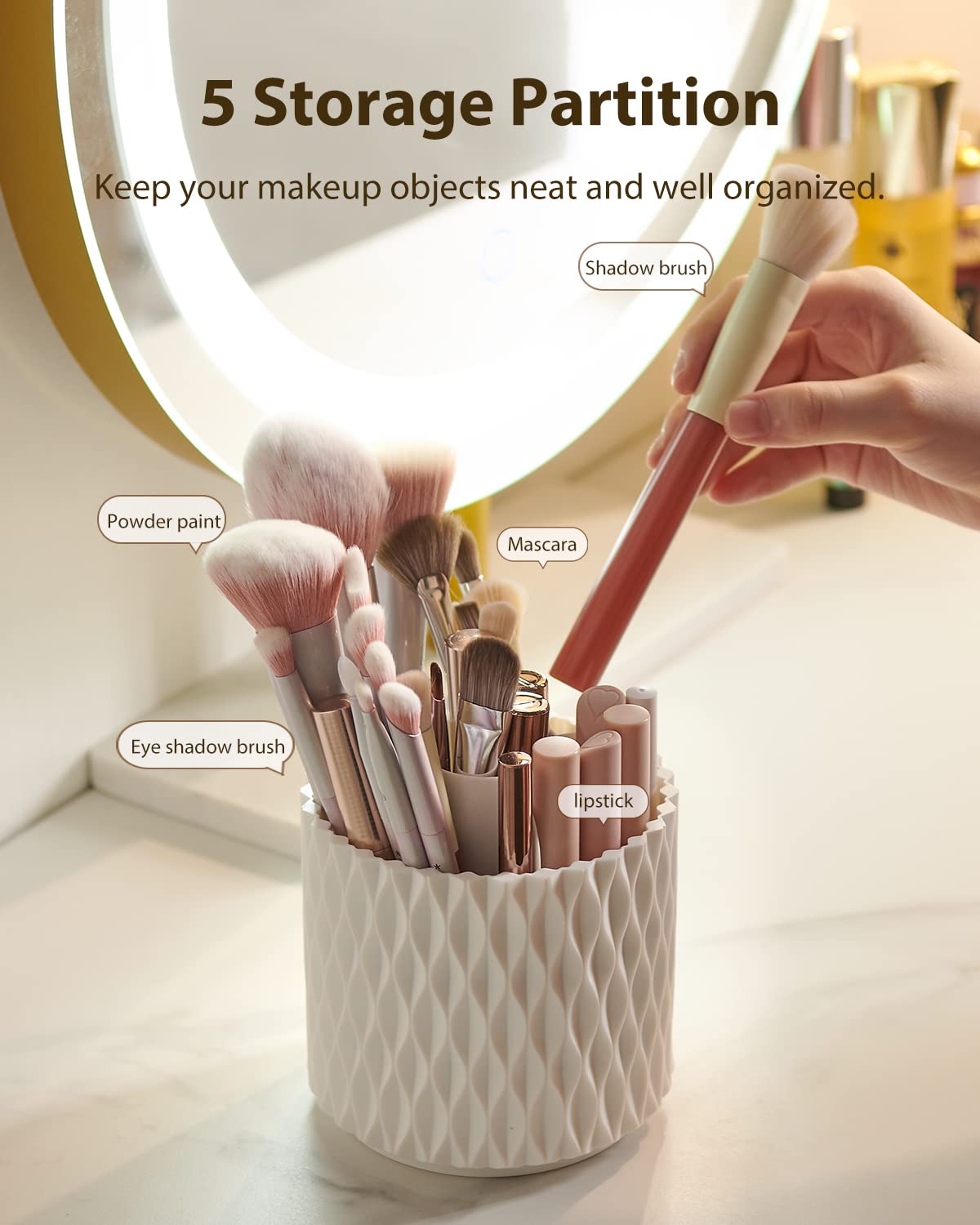 Makeup Brush Holder [Upgrade] [Dustproof & Waterproof] 360 Rotating Cosmetics Make up Brush Organizer Storage with Lid for Vanity