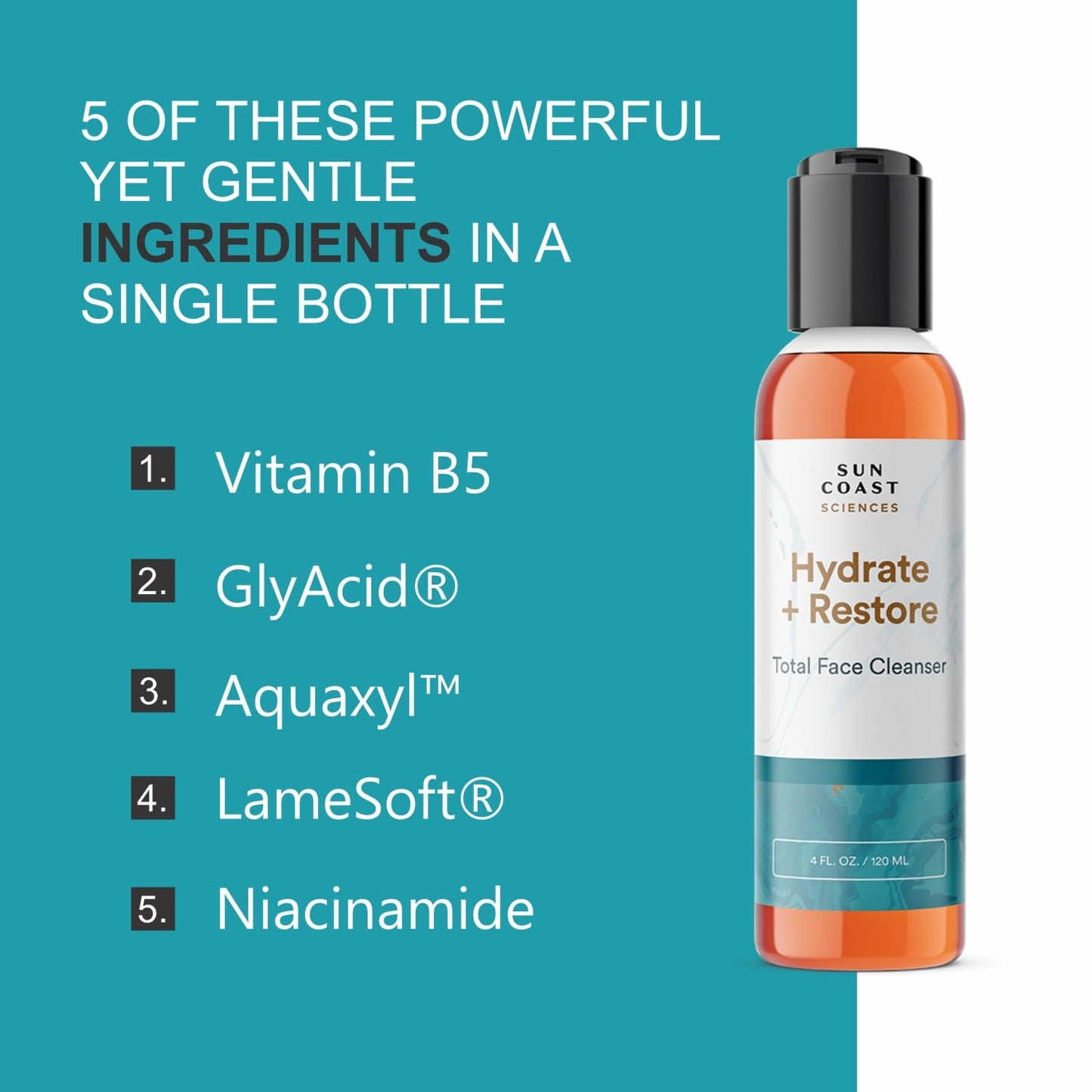 SUN COAST SCIENCES - Hydrate + Restore Total Face Cleanser, Vitamina B, Hydrating Facial Cleanser With Niacinamide for All Skin Types - 4 fl oz