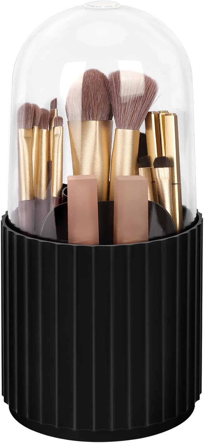 Makeup Brush Holder Organizer with Lid, 360° Rotating Cosmetic Storage