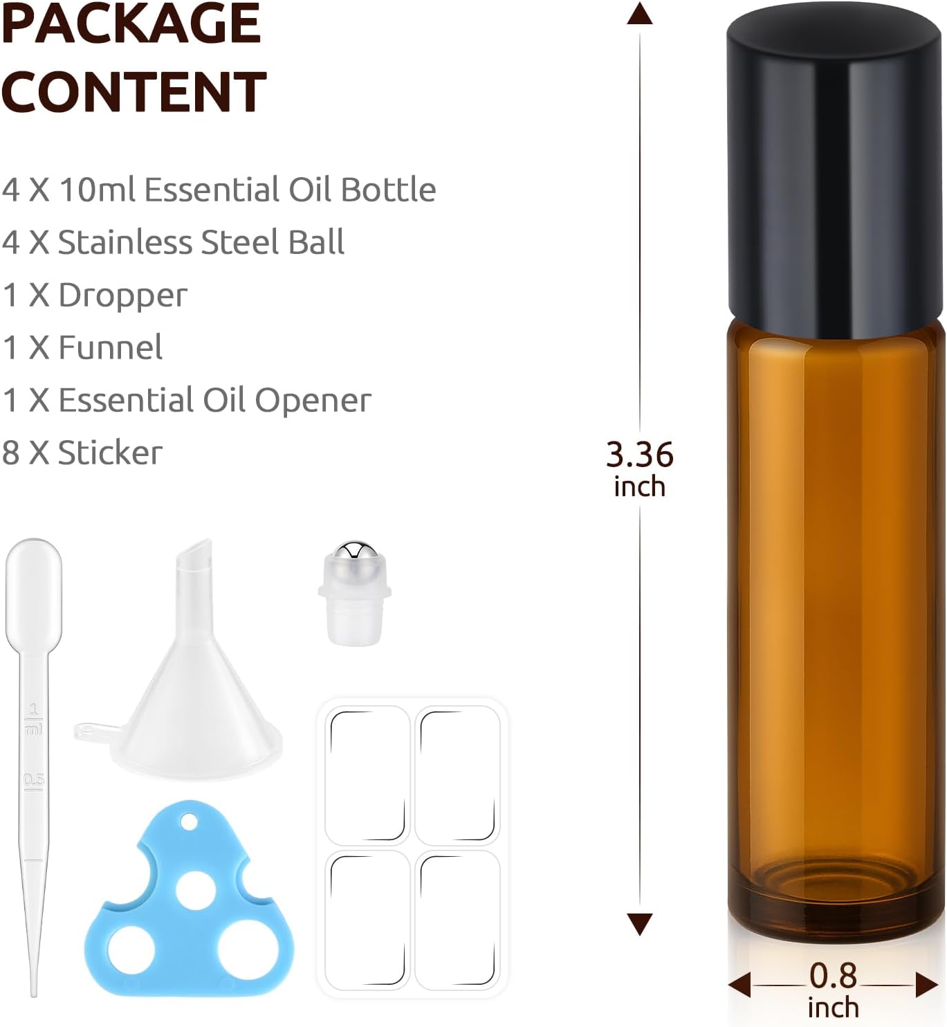 10ml Roller Bottles for Essential Oils(4-Pack), Leak-Proof Amber Glass Roller Ball Applicator, Opener, Droppers, Funnel & Labels, Roll on Bottles for Perfume & DIY Skincare
