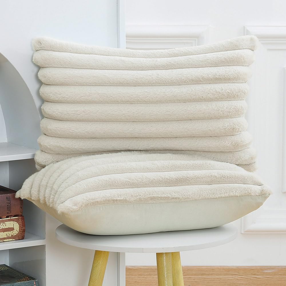 MADIZZ Set of 2 Faux Wool Plush Decorative Throw Pillow Covers 12x20 Inch Greyish White Fluffy Striped Soft Decorative Cushion Cover for Sofa Bedroom Pillow Shell