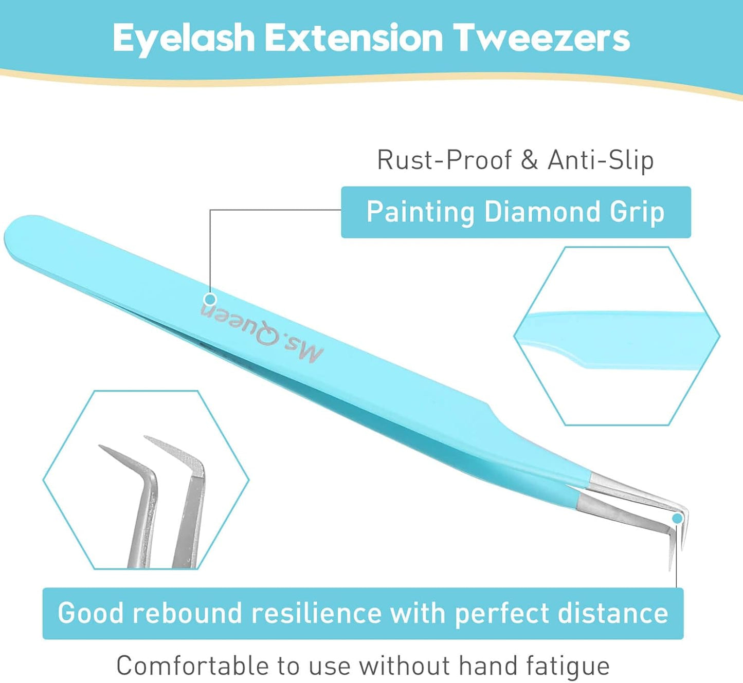 Ms.Queen Lash Tweezers for Eyelash Extensions,Professional 5Pcs Fiber Tip Curved Isolation 45 90 Degree Boot Volume Lash Tweezers for Extensions, Blue