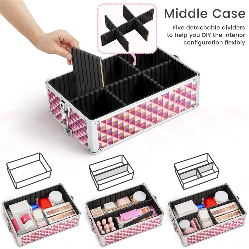Yaheetech Rolling Makeup Train Case 3 in 1 Cosmetic Case Professional Makeup Suitcase Large Aluminum Cosmetic Trolley with Swivel Wheels and Key, Diamond Pattern- Pink