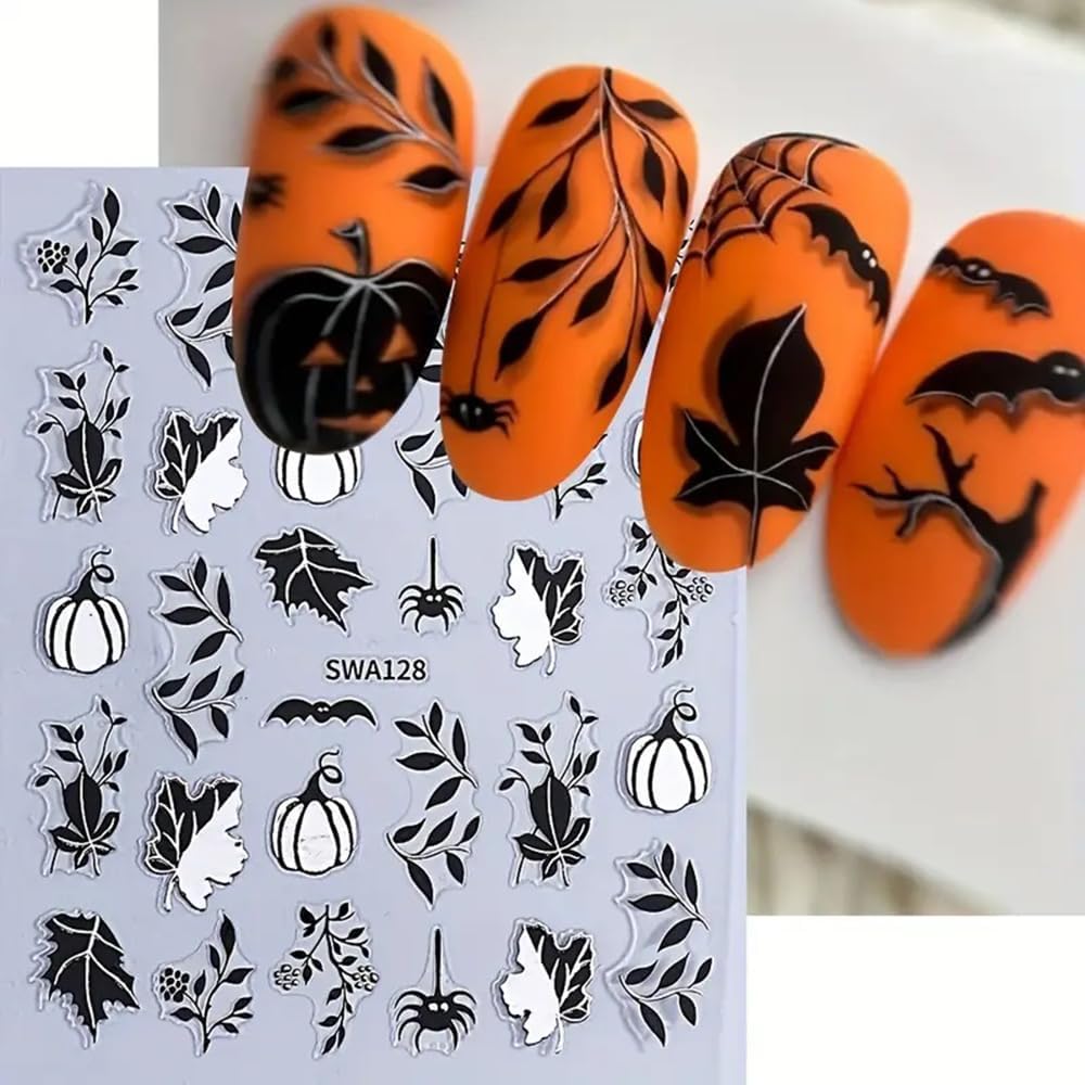 4 Sheets Halloween Nail Stickers Gold Pumpkin Leaves Bat Holiday Nail Designs 3D Self-Adhesive Spider Web Decals Black Leaf Nails Supplies for Women Girls DIY Manicure