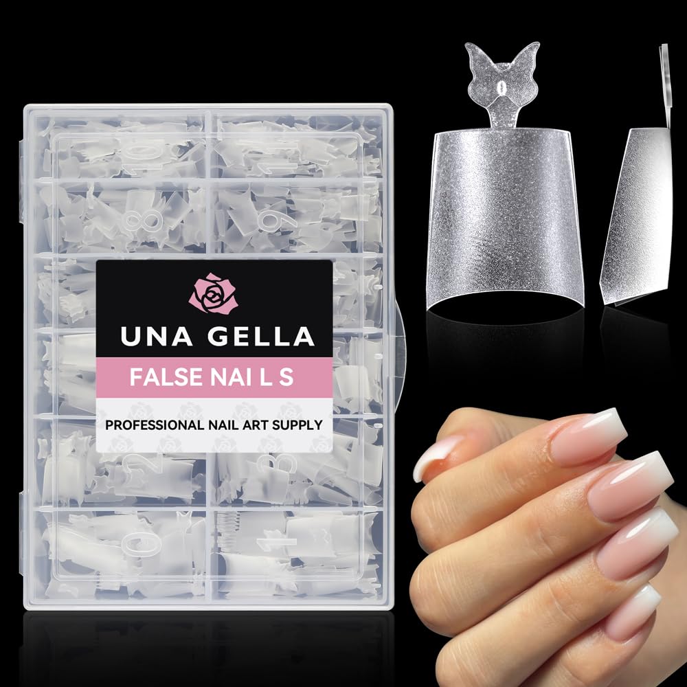 UNA GELLA Short Coffin Fake Nails 504Pcs Half Cover Matte Nail Tips Extra Short Coffin Gel Nail Tips No C Curve Pre-buff No Need File Salon Quality Nail Extension DIY Nail Art Salon 12 Sizes
