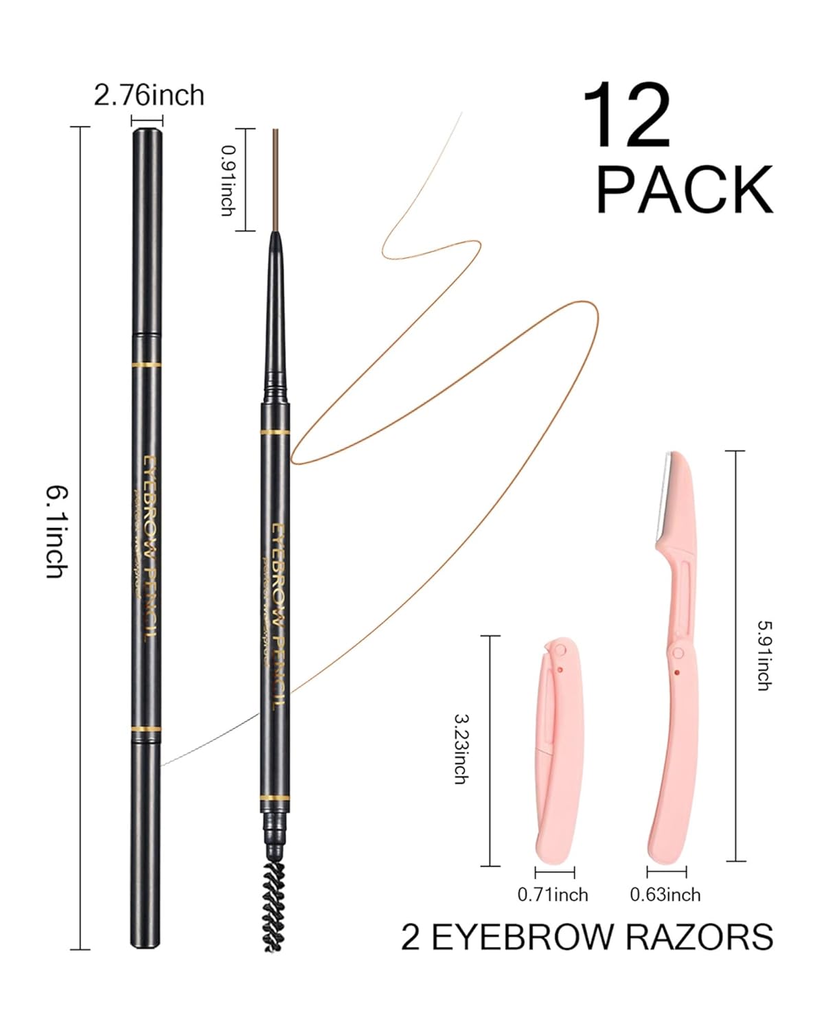 Medium Brown Eyebrow Pencils for Women, 12Pcs Ultra Slim Eyebrow Pencil with 2 Brow Razors Kit, Double Head 1.5mm Micro-Fine Tip & Spiral Brush, Can Draw Fine and Long-Lasting Brows Makeup
