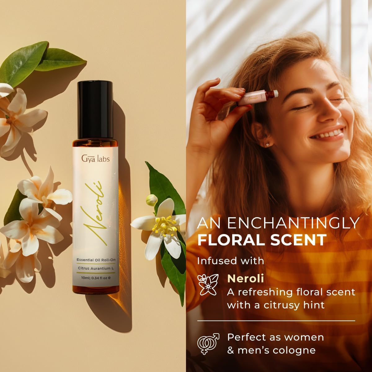 Gya Labs Neroli Essential Oil Roll on for Skin - 100% Pure Natural Neroli Perfume Oil Roller, Long Lasting Floral & Citrus Scent - Aromatherapy, Travel Size (0.34 Fl Oz)