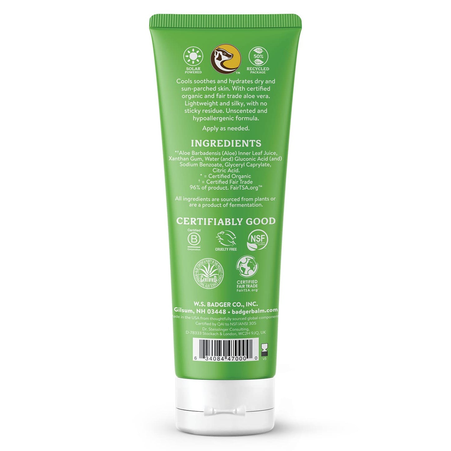 Badger Organic Aloe Vera Gel for Face & Body, 96% Pure Unscented Organic Aloe Gel for Cooling, Soothing, Non-Sticky Sunburn Relief, Vegan, Fair Trade & Hypoallergenic, 4 fl oz