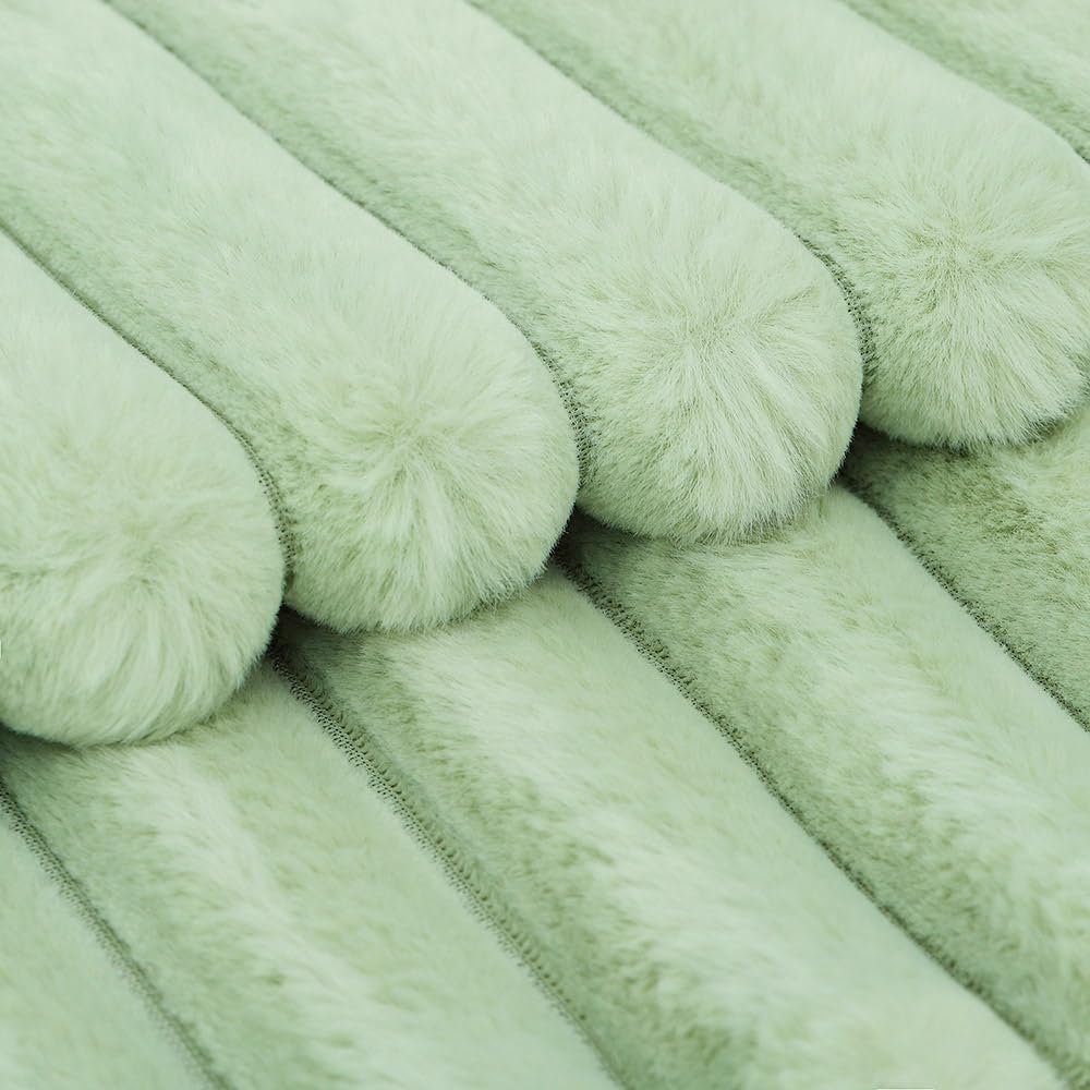 MADIZZ Set of 2 Faux Wool Plush Decorative Throw Pillow Covers 22x22 Inch Light Green Fluffy Striped Soft Decorative Cushion Cover for Sofa Bedroom Pillow Shell