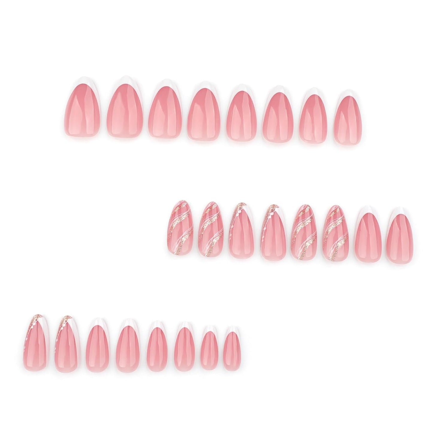 French Press On Nails Short Almond, Nude Fake Nails with White French Tip and Minimalist Gold Line Design, Glossy Gel Finish Acrylic Nails, Natural Reusable Glue On Nails Kit for Women, Luxe Line