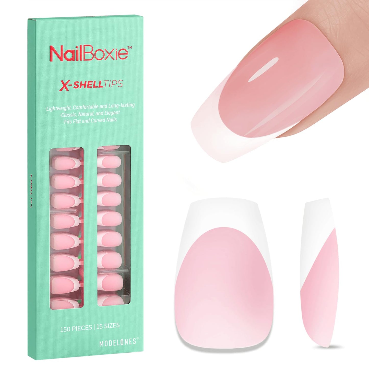 modelones French Tip Press on Nails, 150Pcs Short Coffin Fake Nails with Nail Box, Pink & White Gel Nail Tips for Women, Soft Glue-On Nails for Natural Salon Look, DIY Nail Art Kit (15 Sizes)