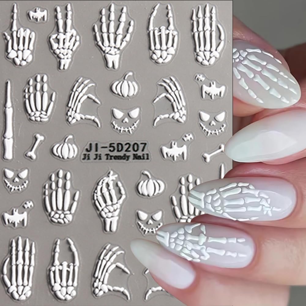 3Pcs Halloween Nail Art Sticker 5D Embossed White Claw Skull Nail Decals Gold Rose Gold Skeleton Nail Stickers 3D Self-Adhesive Hand Bone Nail Supplies Holiday Nails Accessories for Women DIY Manicure