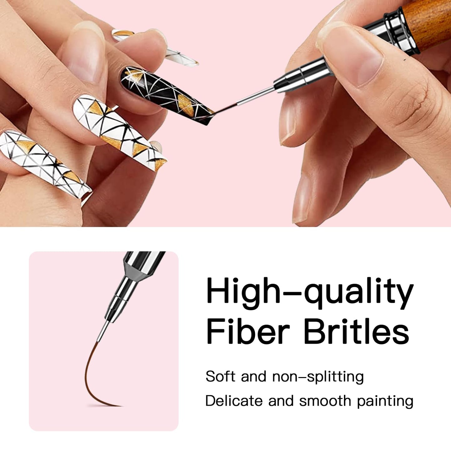 Nail Art Brushes, 5Pcs Wooden Handle Liner Brush Set, UV Gel Polish Painting Art Design Pen for Long Lines, Thin Details, Fine Drawing Sizes 4/8/12/20/25mm(Natural)