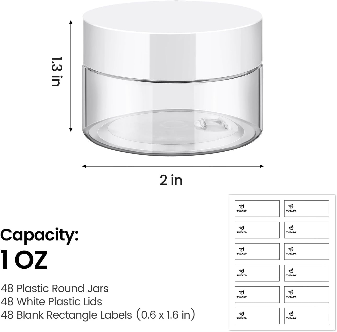 TUZAZO 48 Pack 1 Oz Small Plastic Container Jars with Lids and Labels BPA Free, Empty Round Clear Cosmetic Containers Plastic Slime Jars for Lotion, Cream, Ointments, Samples, Travel Storage (48)