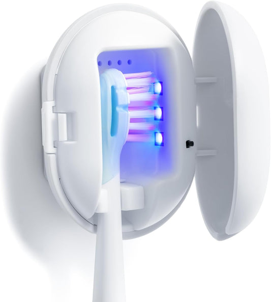 Toothbrush Sterilizer, Travel Toothbrush Covers Case With Holder, Portable USB Charging Toothbrush Cleaner Case With Blue Light (White)
