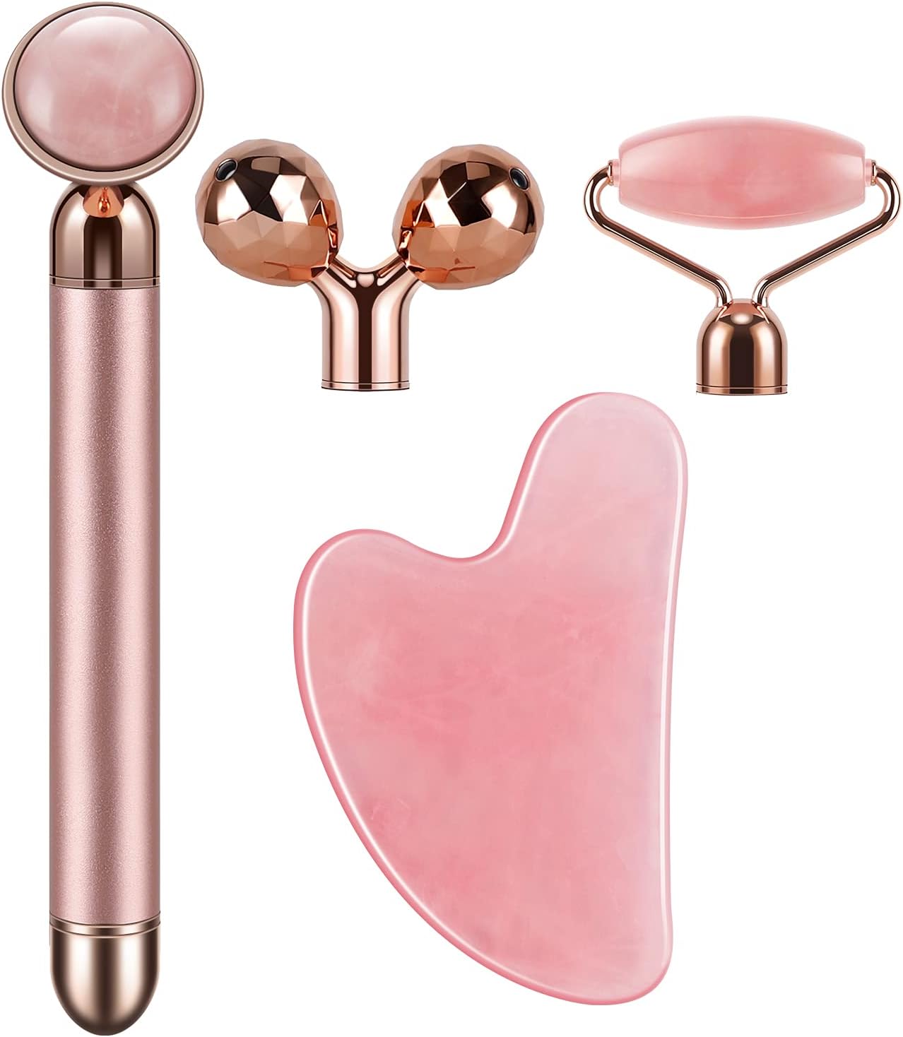 4-in-1 Face Massager and Gua Sha Set for Women, Rose Quartz Face Roller Skin Care Tools Electric Eye Massager Tool for Face Skin Roller