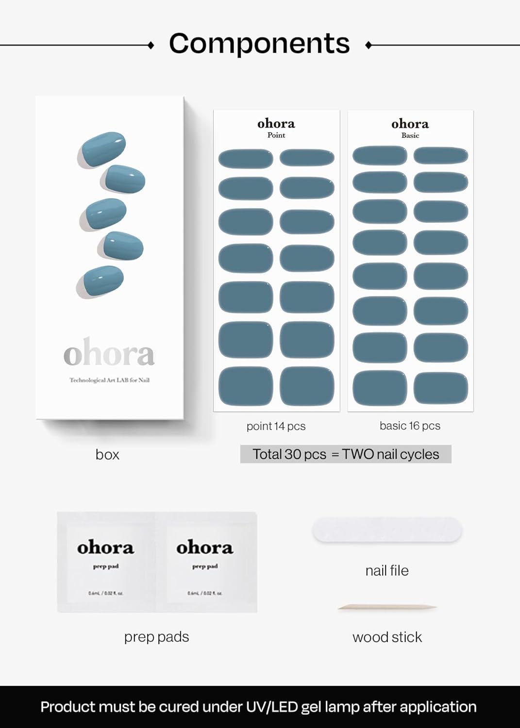 ohora Semi Cured Gel Nail Strips (N Washing Jean) - Blue, Solid, Works with Any UV/LED Lamps, Salon-Quality, Long Lasting, Easy to Apply & Remove - Includes 2 Prep Pads, Nail File & Wooden Stick