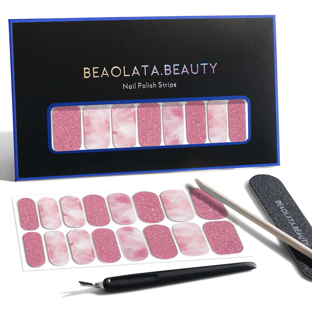 Nail Polish Strips, 32PCS Salon Quality Wraps, Long Lasting Gel Nail Stickers for Women Easy Apply& Remove (Falling Sakura Pink)