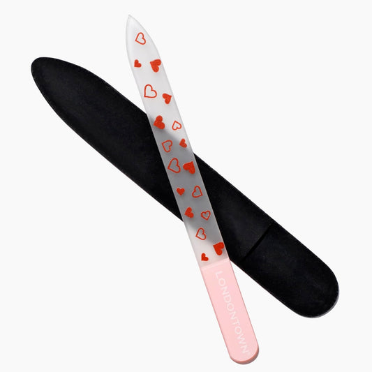 LONDONTOWN Hearts Double-Sided Glass Nail File & Care Tool, Professional Grit Etched Crystal Manicure Accessory with Case Pouch