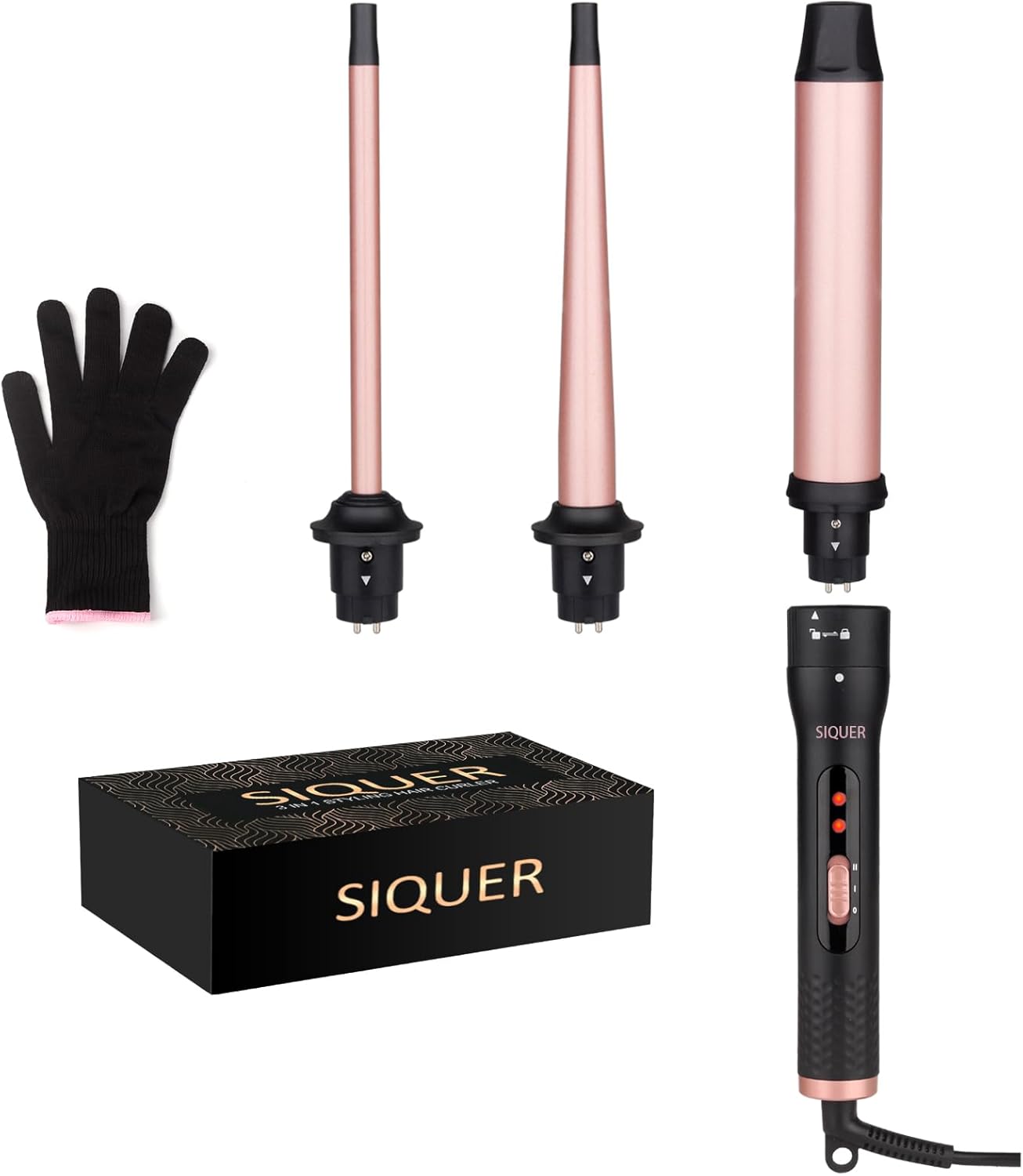 3 in 1 Curling Wand Set - SIQUER Hair Waver Curling Iron for Women with 3 Interchangable Ceramic Beach Waves Wands 1/2 Inch to 1 1/4 Inch Fast Heating Up Hair Curler with Box (Rose, Black)