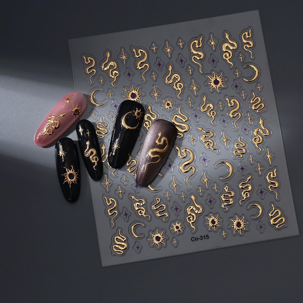 Gold Snake Nail Art Stickers 5D Embossed Moon Star Nail Stickers, Self-Adhesive Durable Nail Art Decals for Women Girls, Nail Wraps Decoration Manicure for DIY Acrylic Nail Accessories