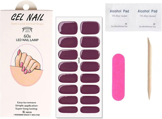 Semi Cured Gel Nail Strips Stickers Solid Color Gel Nail Polish Strips Self Adhesive Easy to Apply Purple Nail Stickers for Women DIY Waterproof Manicure Kit Party Nails Decoration Accessories