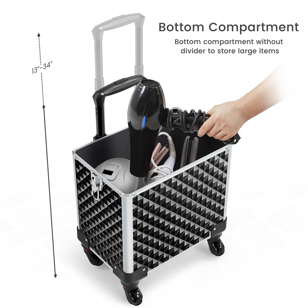 Yaheetech Rolling Makeup Train Case 3 in 1 Cosmetic Case Professional Makeup Suitcase Large Aluminum Cosmetic Trolley with Swivel Wheels and Key, Diamond Pattern- Black
