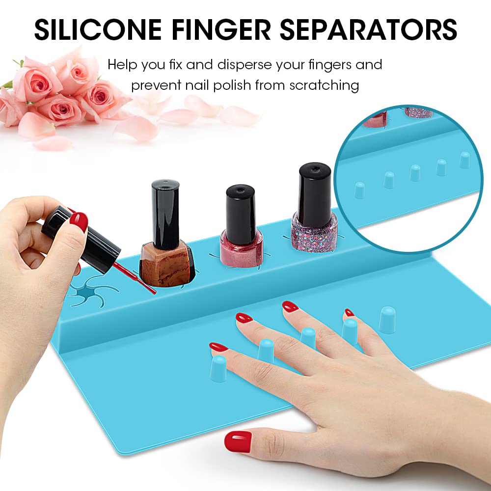 Nail Polish Holder, Silicone Hand Rest Mat Fingernail Painting Tools 2 in 1 Art Accessories Organizer Case Set with Anti-Spill Bottle Stand and Finger Separators for Pedicure Manicure-Blue