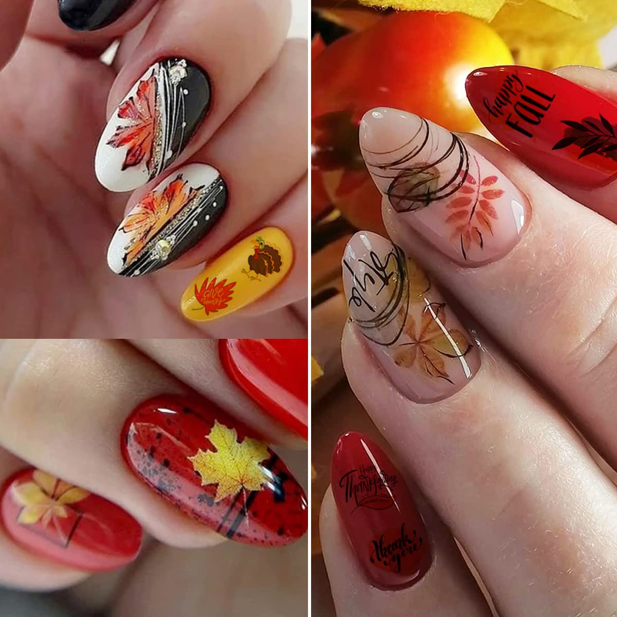 12 Sheets Fall Nail Art Stickers 3D Autumn Leaves Nail Decals Self-Adhesive Thanksgiving Nail Art Accessories Foils Maple Leaf Pumpkin Turkey Nail Designs for Women Girls DIY Manicure Decoration