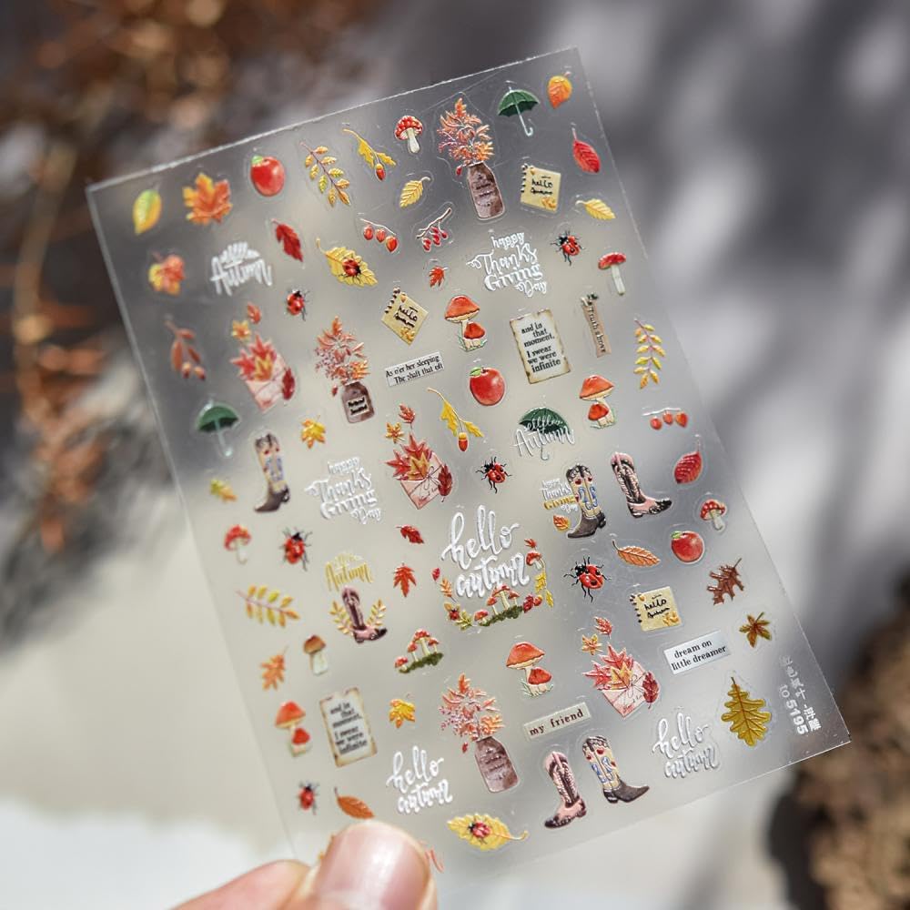 Maple Leaf Nail Stickers Mushroom Fall Nail Art Stickers 3D Self-Adhesive Boots Envelope Nail Designs 5D Embossed Plants Animals Thanksgiving Nails Supplies for Women Holiday DIY Manicure 1 Sheet