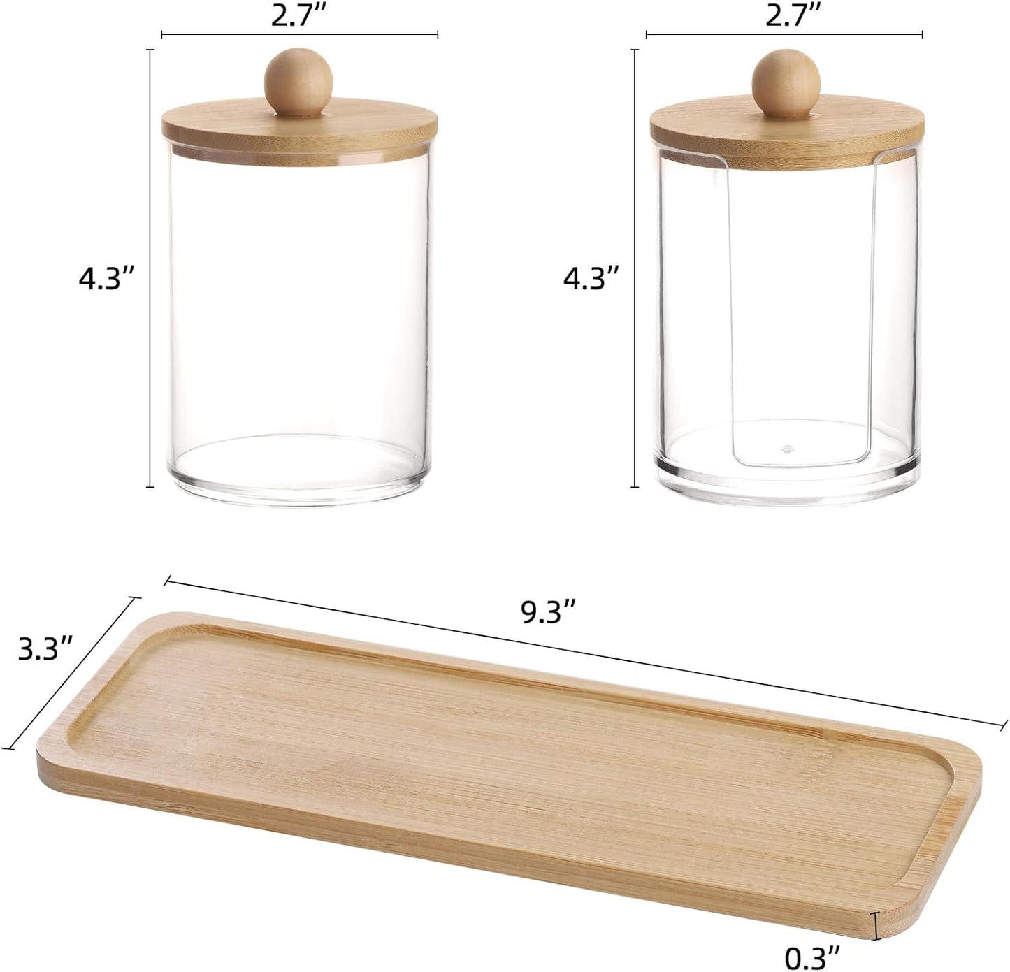 Tbestmax 10 oz Qtip Holder with Vanity Tray, 3 Pack Cotton Swab/Ball/Pad Dispenser Apothecary Jar, Clear Bathroom Containers Dispenser for Storage Bamboo Lids