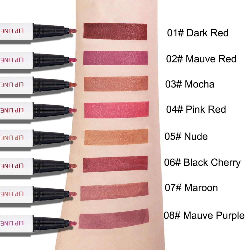 2Pcs Longwear Liquid Lip Liner Stain Marker Pen Set Long Lasting Waterproof, Mauve Pink Red Matte Semi Permanent 24 Hour Lip Liner and Lipstick Combo, Color Stay Lipliner All Day, Lips Stain peel off