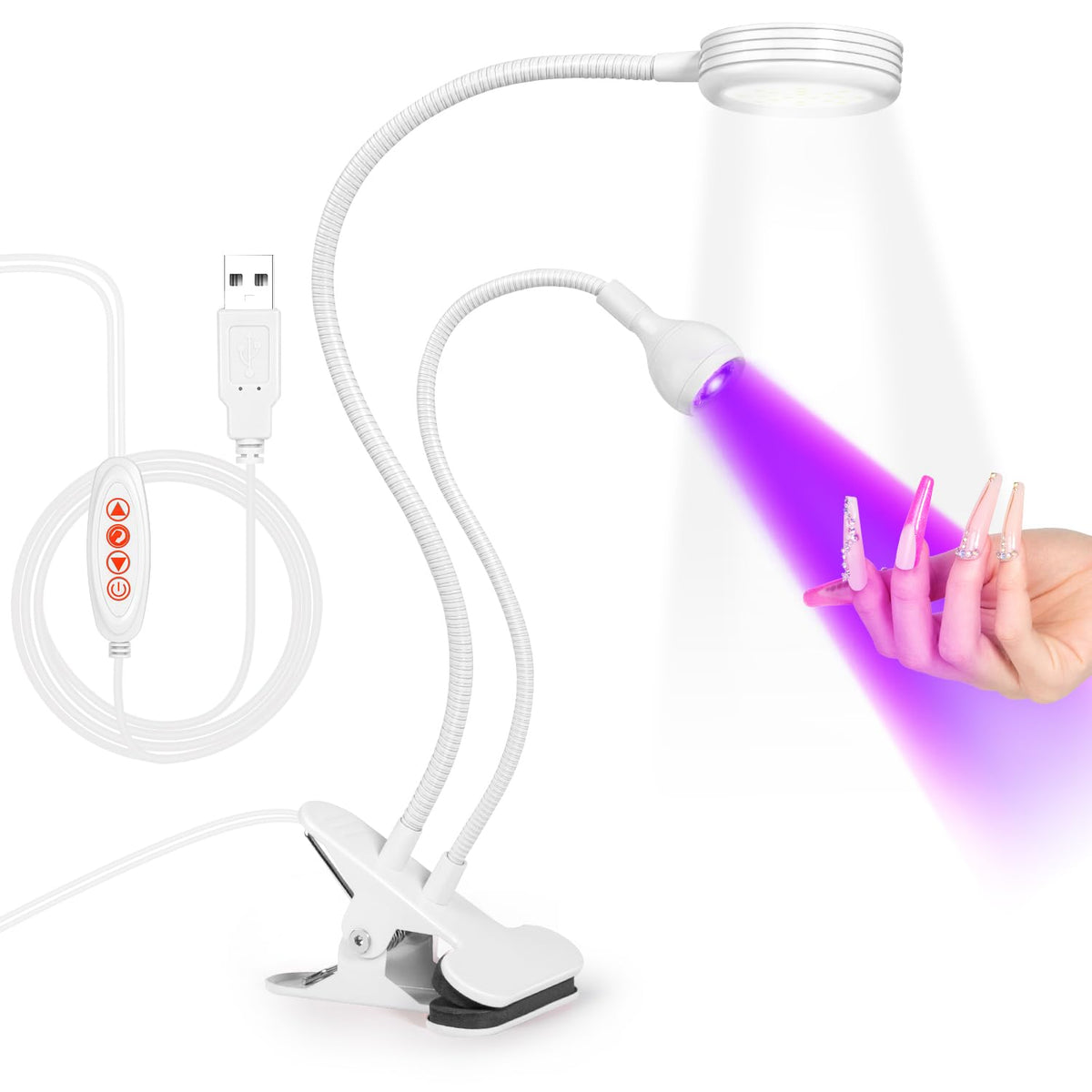 AORAEM LED Nail Lamp Double-Headed UV LED Light Quicky-Dry Duck Neck UV Lamp Dryer Curing Light with Portable Gooseneck and Clamp Flash Cure U V Light for Gel Nails Professional Home DIY Salon White