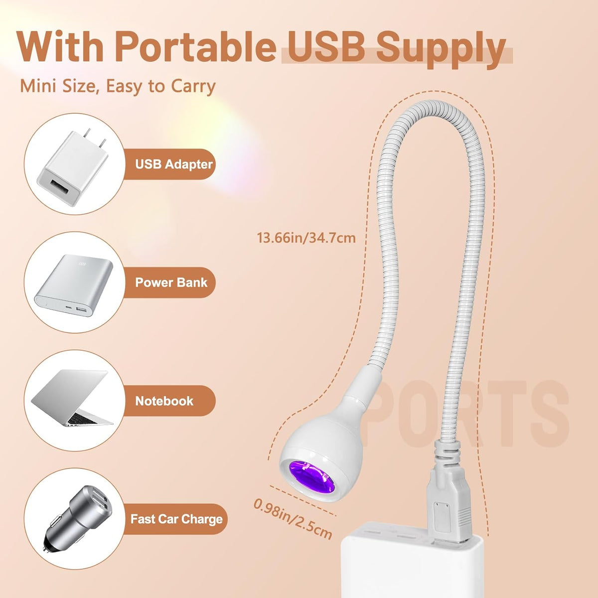 AORAEM UV LED Nail Lamp, 3W Portable Duck Neck UV Nail Lamps Dryer Gel Polish Curing Light with White Gooseneck for Gel Nails Tips USB Plug Play Nails Salon and Home DIY