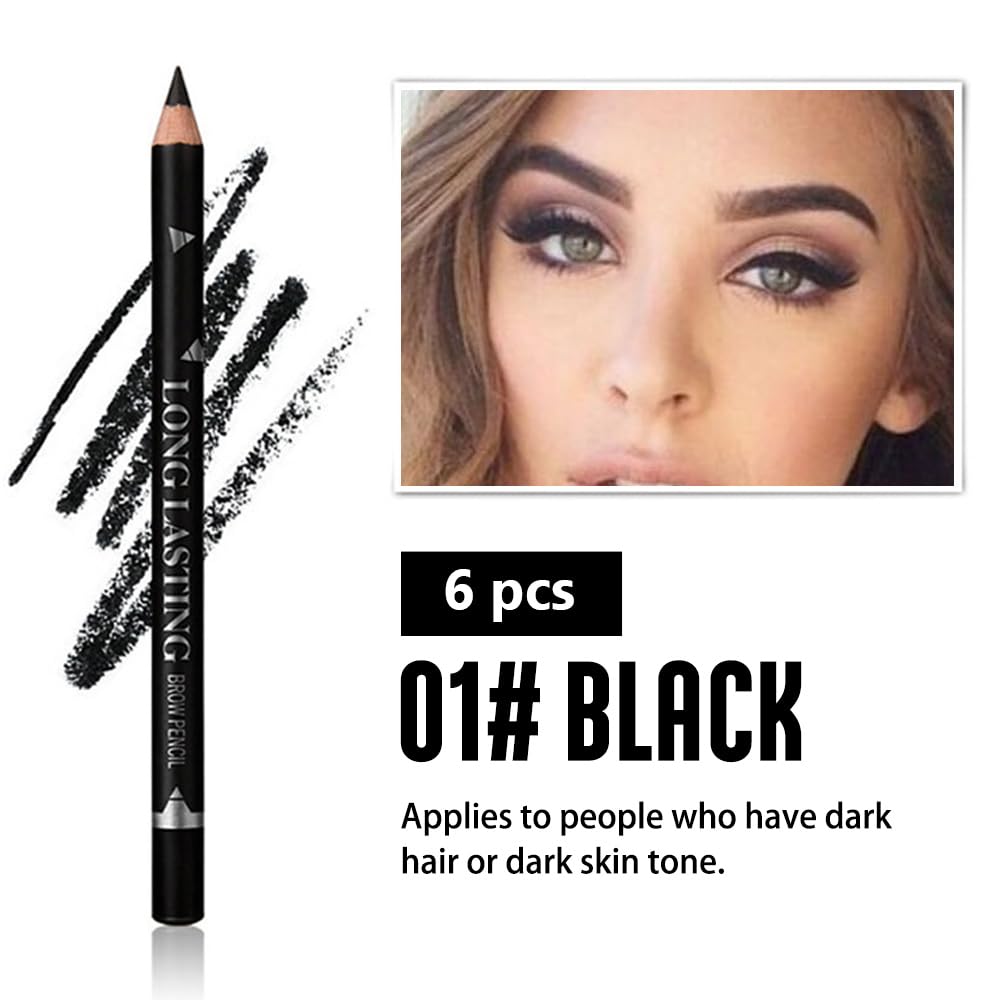 6Pcs Eyebrow Pencils for Women, Wooden Hard-Core Black Eyebrow and Eyeliner Pencil, Long Lasting Waterproof and Sweat-Proof, Beginner Makeup Brow Pencil, Create a Natural Eye Brow Makeup
