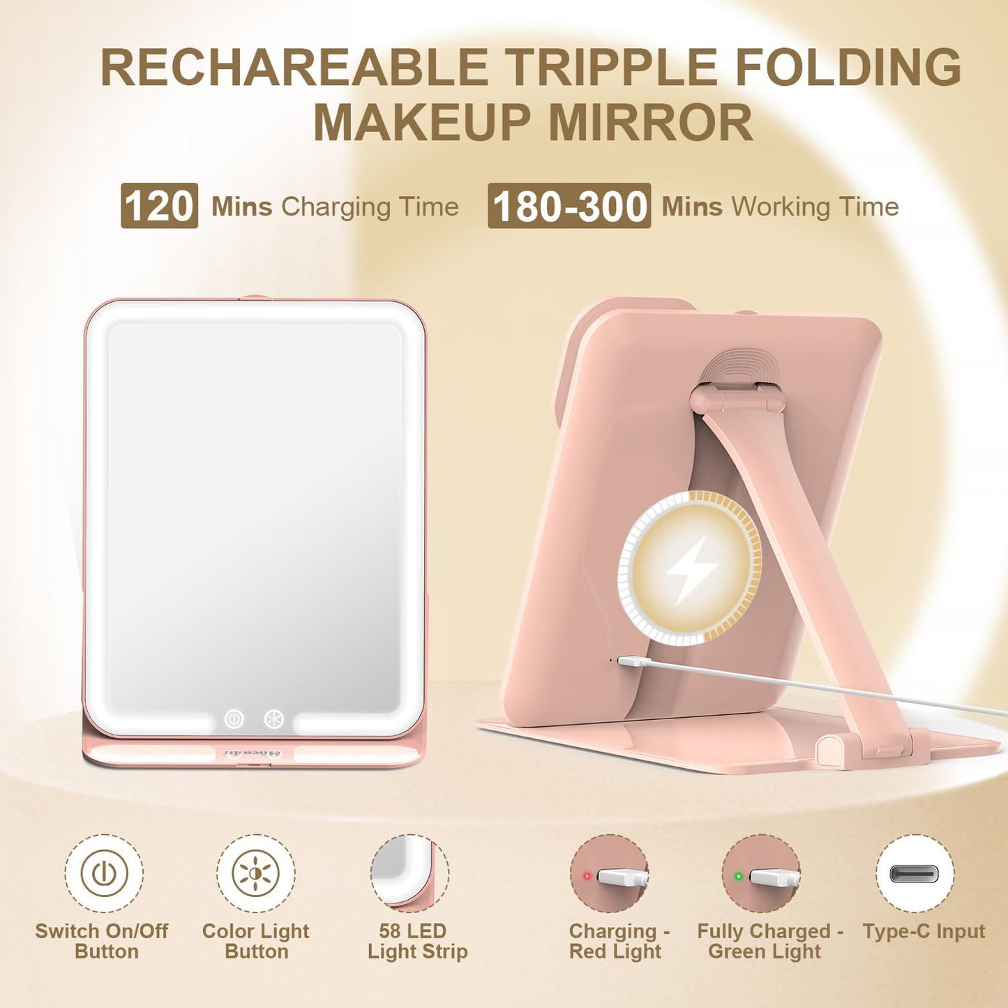 Mocado Travel Makeup Mirror with Light - 7x5 Inches Tripple Folding Travel Mirror with Light, 3 Colors Lighted Makeup Mirror, Portable Makeup Mirror, Freely Adjust Height and Angle(Pink)