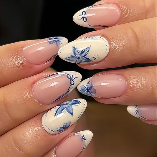 French Short Press On Nails Almond, Nude Fake Nails with Beige French Tip and Graceful Blue Floral Petal Design, Glossy Gel Finish Acrylic Nails, Natural Reusable Glue On Nails Kit for Women, 24 Pcs