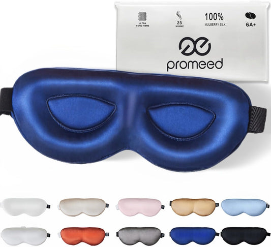 PROMEED Adjustable 100% Mulberry Silk Sleep Mask 23 Momme, 3D Contoured No-Pressure Cup Eye Mask for Sleeping, Super Soft Breathable Blindfold, Perfect Blocks Light for Sleeping (Navy)