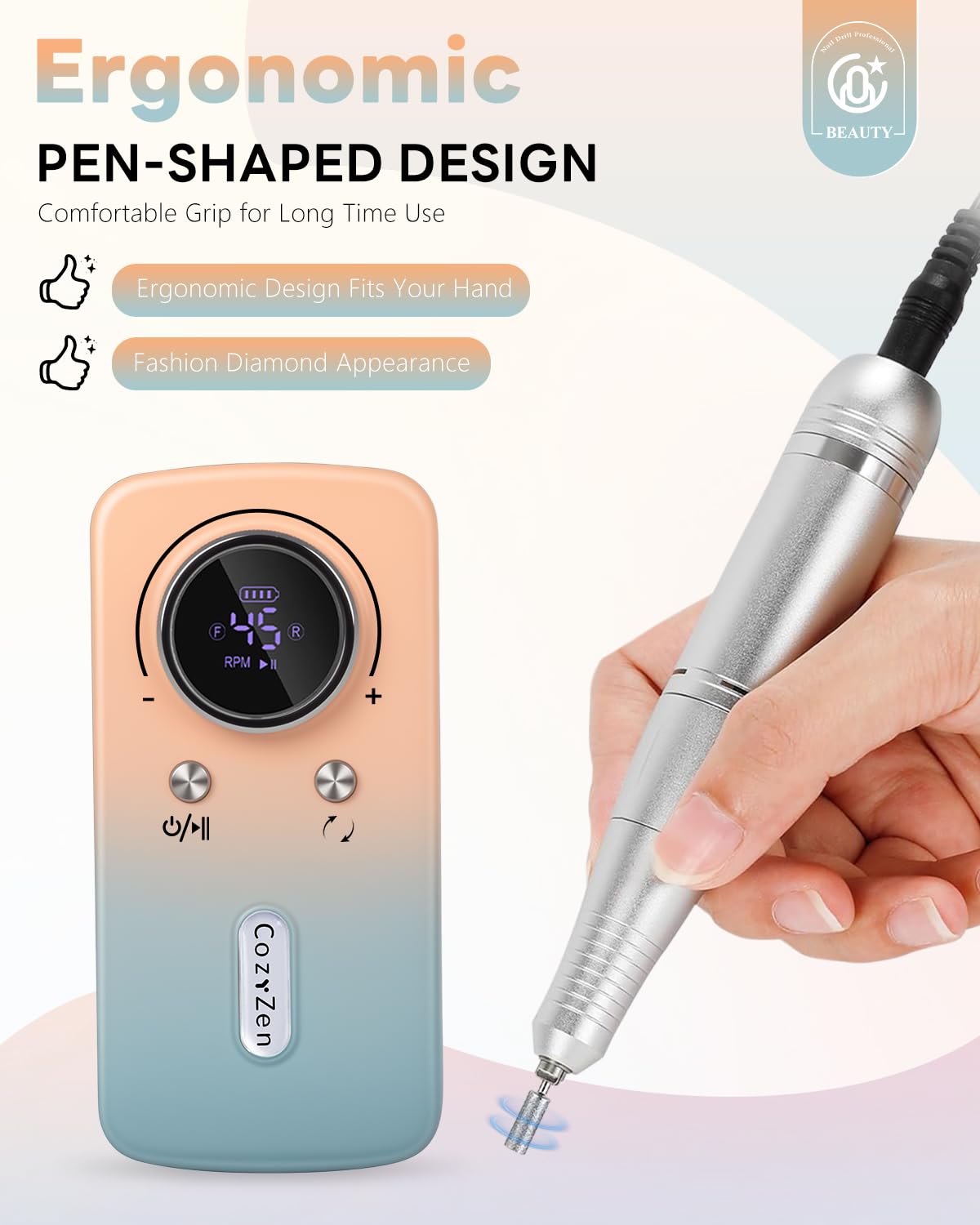 CozyZen Cordless Nail Drill Professional: 45000 RPM Rechargeable Electric Nail File Kit, Portable & Low Noise for Acrylic, Gel Nails, Manicure & Pedicure - Salon & Home Use