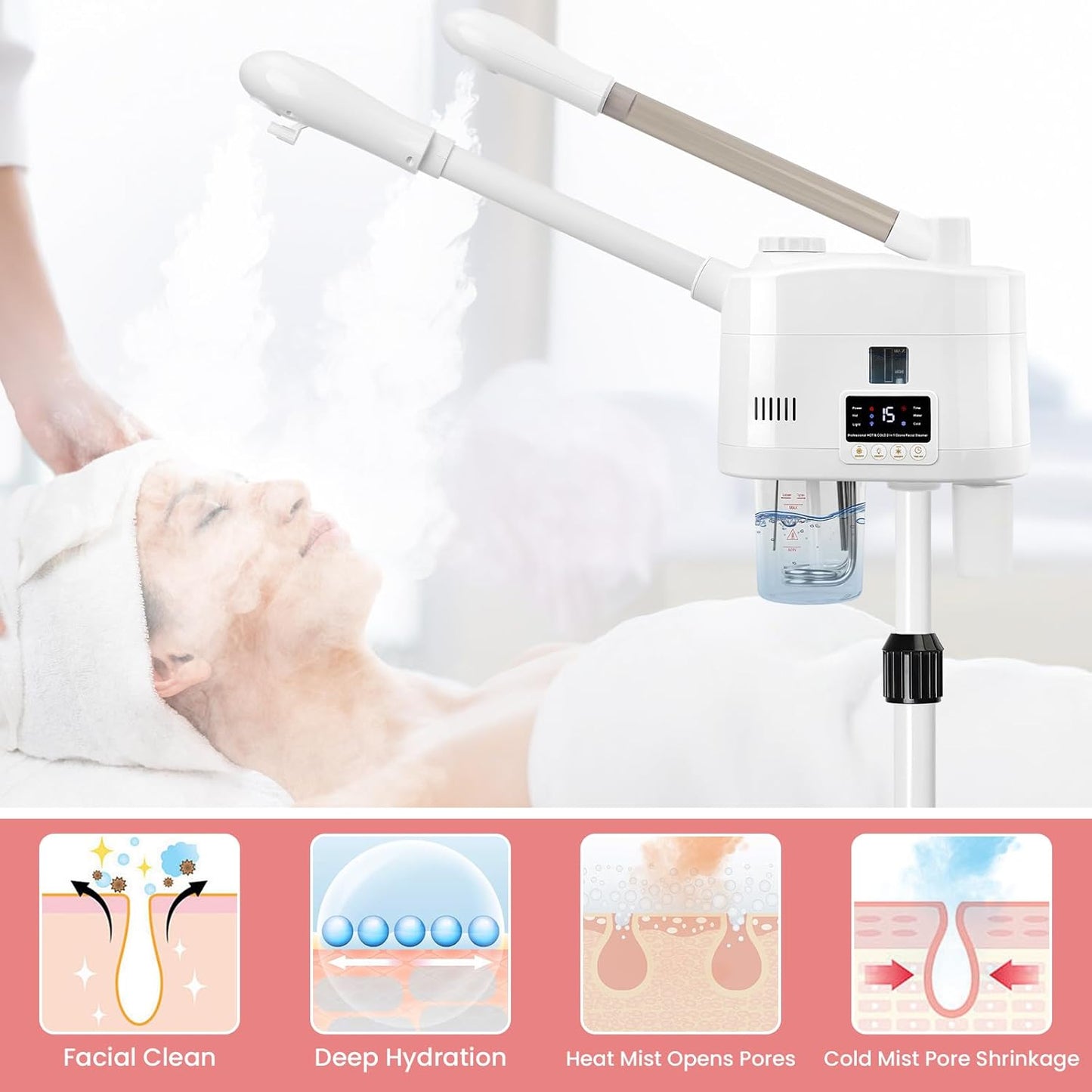 Professional Facial Steamer, 2 in 1 Facial Steamer with Hot&Cold Nozzle, Esthetician Face Steamer with Digital Display for Spa, Salon and Home Use