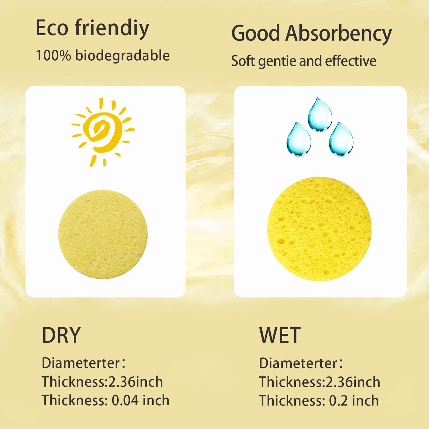 50-Count Facial Sponges Compressed Natural Cellulose Sponge Round Shape Face Sponge for Face Cleansing Exfoliating and Makeup Removal, Yellow