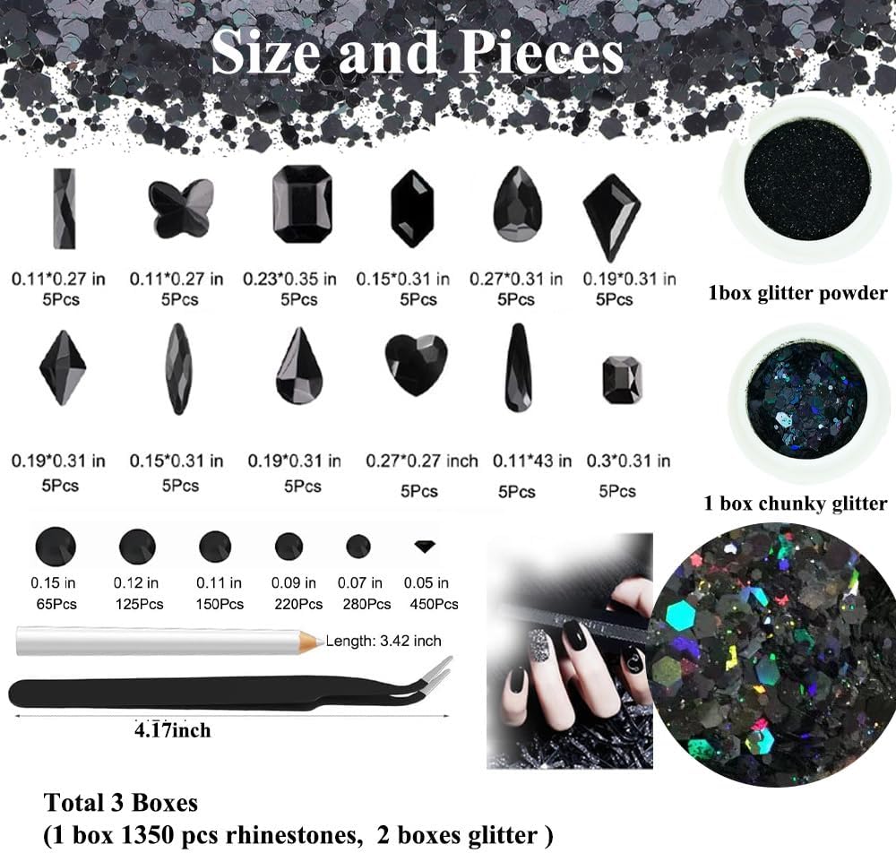 3 Boxes Black Nail Rhinestones with Fine Glitters Kit, 60Pcs Big Assorted Black Nail Gems with S6-S16 Flatback Round Stones,Crystals Nail Gem Stones for DIY Faces Body Crafts