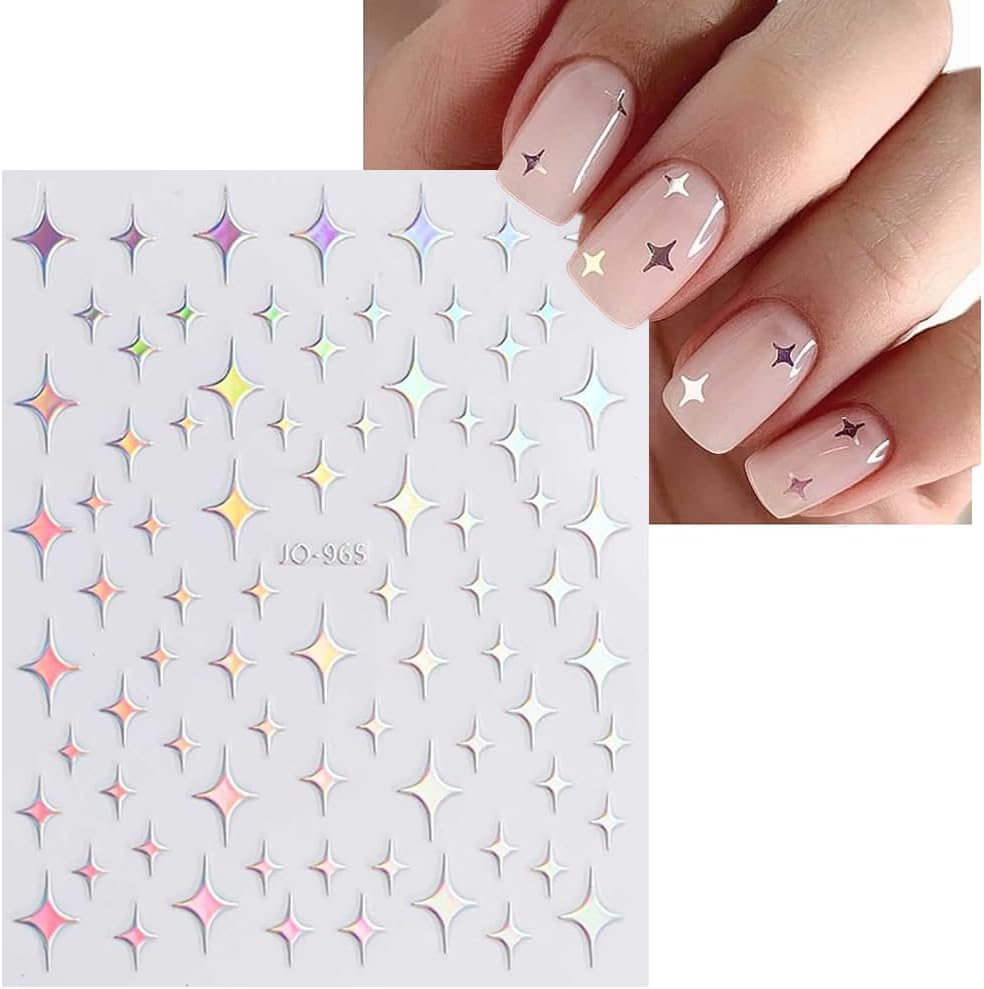 12 Sheets French Line Nail Art Stickers Aurora Star Heart Nail Decals Self-Adhesive Pegatinas Uñas Glitter Holographic Laser Silver Nail Supplies for Women Nail Art Design Decoration