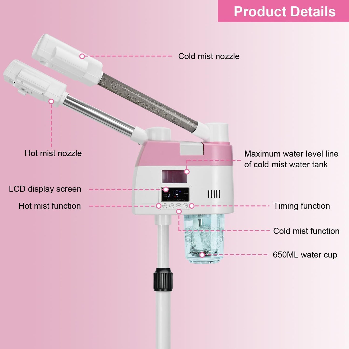 Professional Facial Steamer,2 in 1 Facial Steamers with Hot&Cool Mist, Height Adjustable Face Steamer, Pink Esthetician Steamer for Home Salon Spa