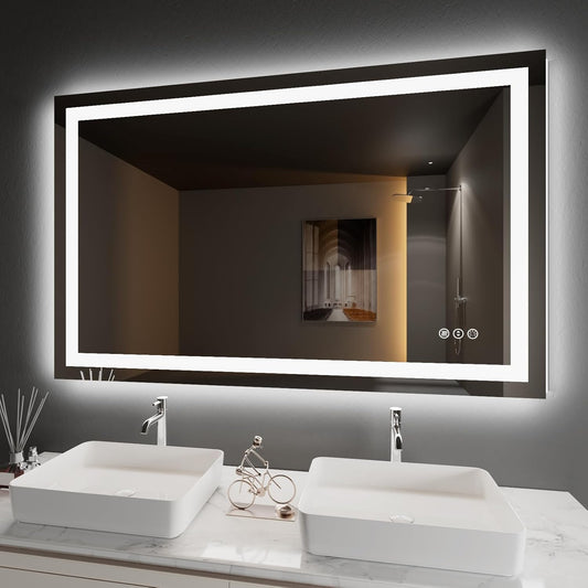 Amorho LED Bathroom Mirror 50" X32" with Front and Backlight, Stepless Dimmable Wall Mirrors with Anti-Fog, Shatter-Proof, Memory, 3 Colors, Double LED Vanity Mirror(Horizontal/Vertical)