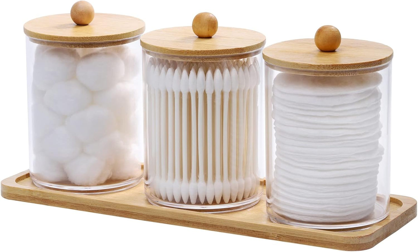 Tbestmax 10 Oz Cotton Swab/Ball/Pad Holder with Vanity Tray, Qtip Apothecary Jar, Clear Bathroom Containers Dispenser for Storage 3 Pack Wood Lids
