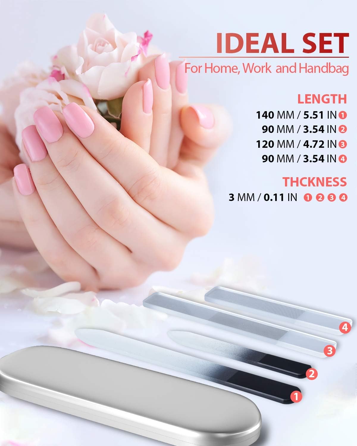 Glass Nail File and Nail Shiner, 4PC Crystal Nail File and Nano Glass Nail Buffer, Premium Set with Case, Professional Manicure Tool Fingernail Czech File for Natural Nail, Gift for Women and Girls